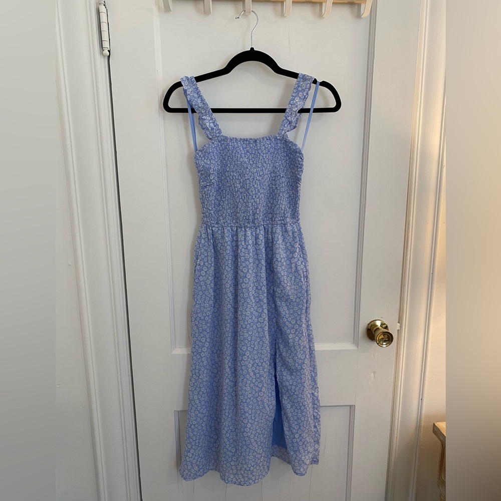 Light blue, floral, smocked midi dress from Abercrombie and Fitch. Lined.